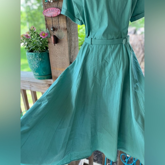 Colectif Vintage London Catalina Sea Green Swing House Dress Buttons Belt NWT - Picture 8 of 13